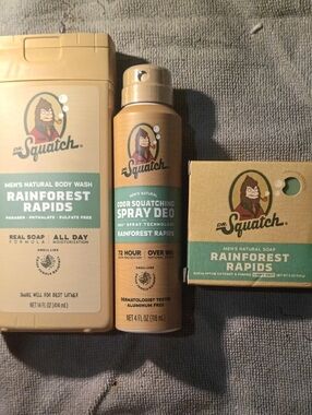 DR SQUATCH (3) RAINFOREST RAPIDS SPRAY DEODORANT BODY WASH & LIGHT GRIT SOAP 🧼
